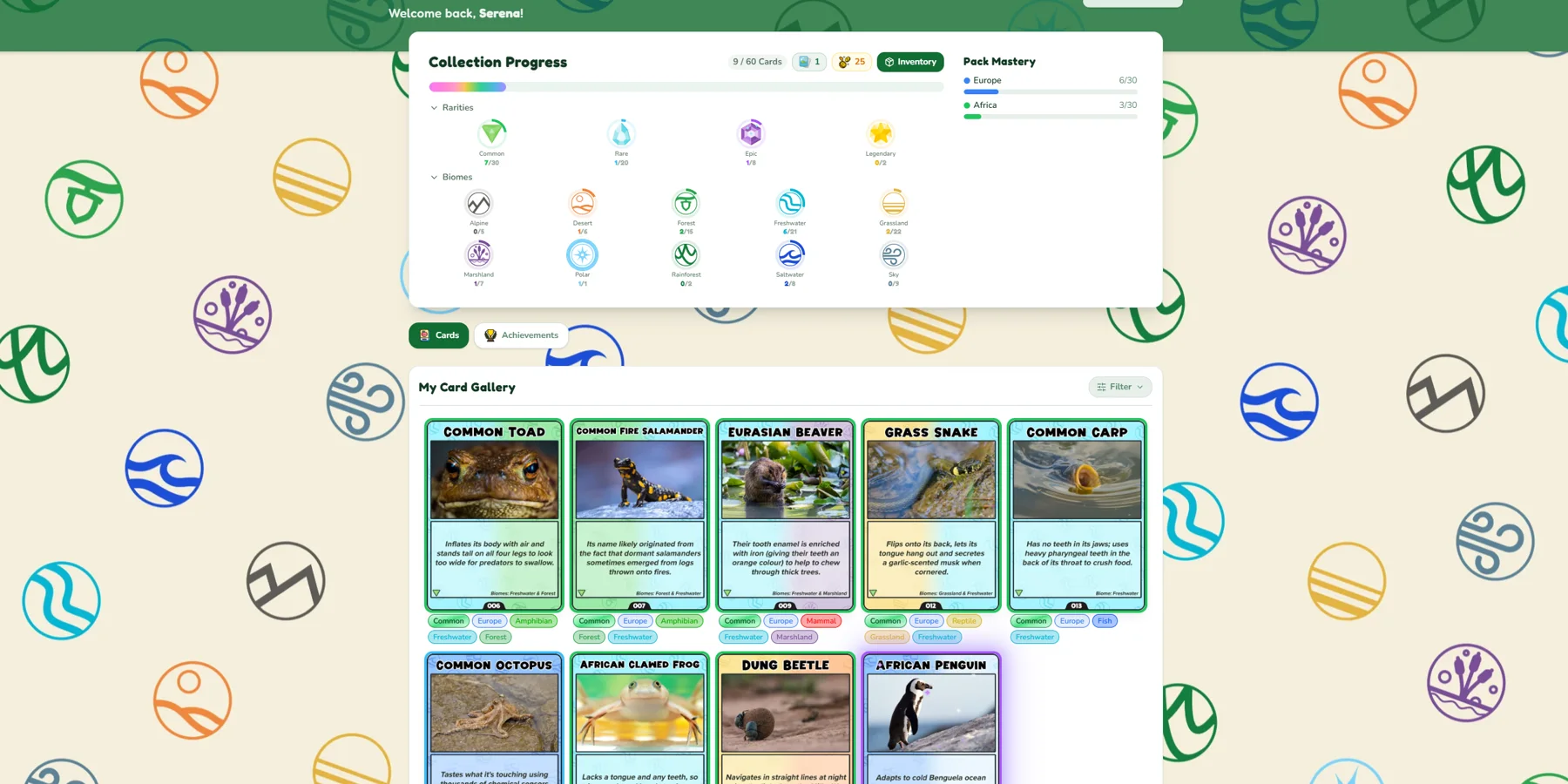 A student's Wildhaven card collection, showing collection progress and their card gallery