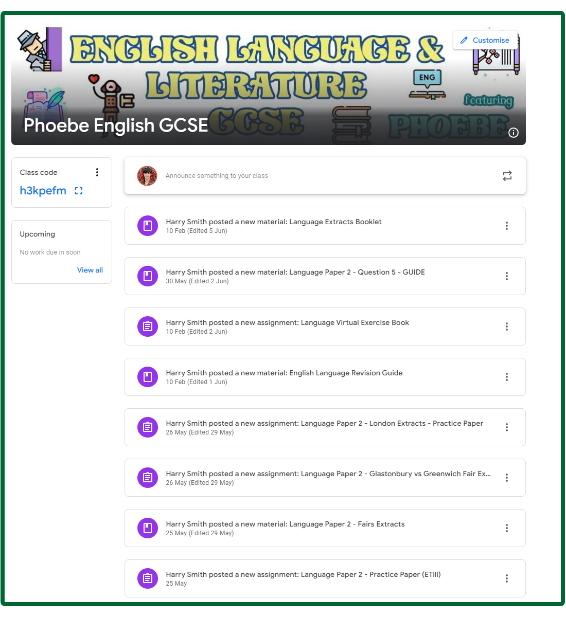 Example of Harry's Google Classroom for GCSE English Language & Literature