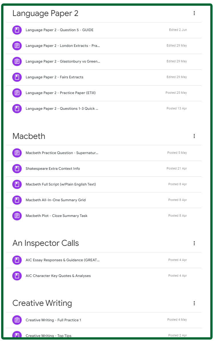 Example of another of Harry's Google Classrooms